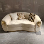 Fluid Curved Luxury Sofa Set with Sculptural Gold Stainless Steel Accents & Hammered Texture Base